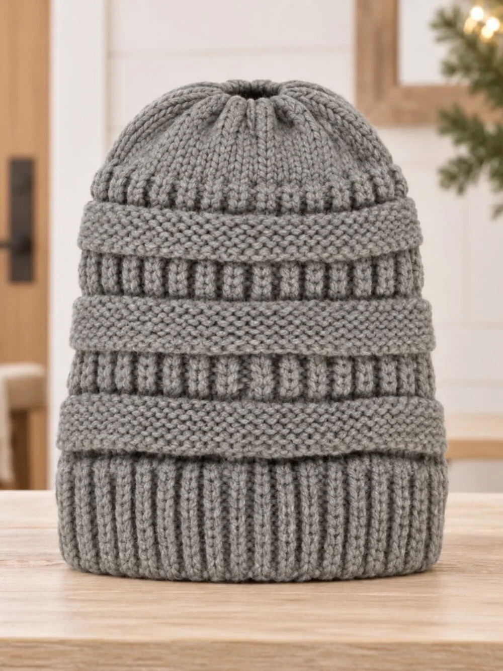 Gray Chunky Knit Messy Bun Ponytail Beanie Ribbed Winter Hat NWT